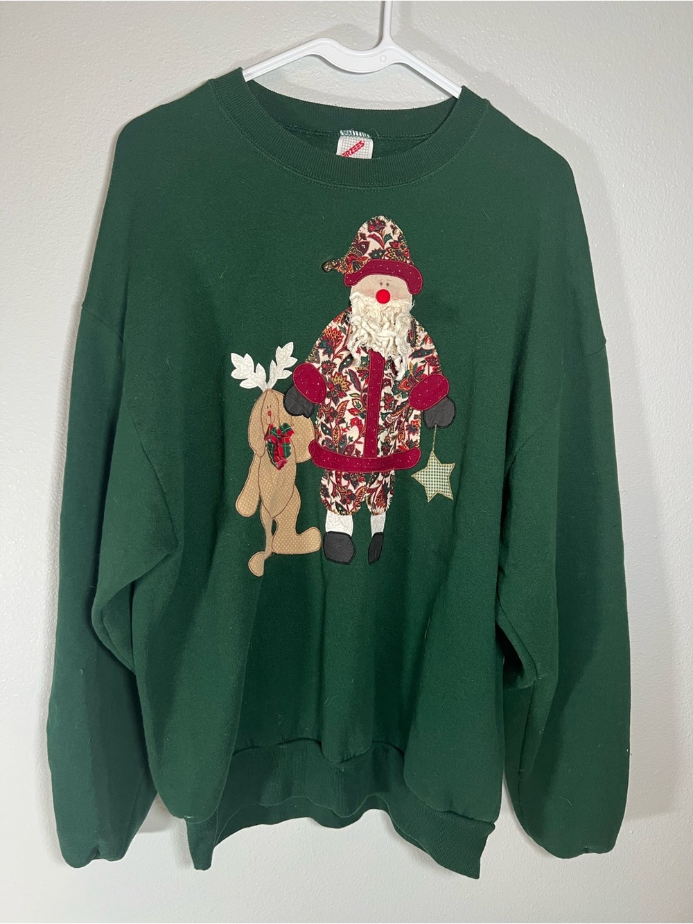 Jerzees Dark Green Santa Appliqué Crewneck Sweater